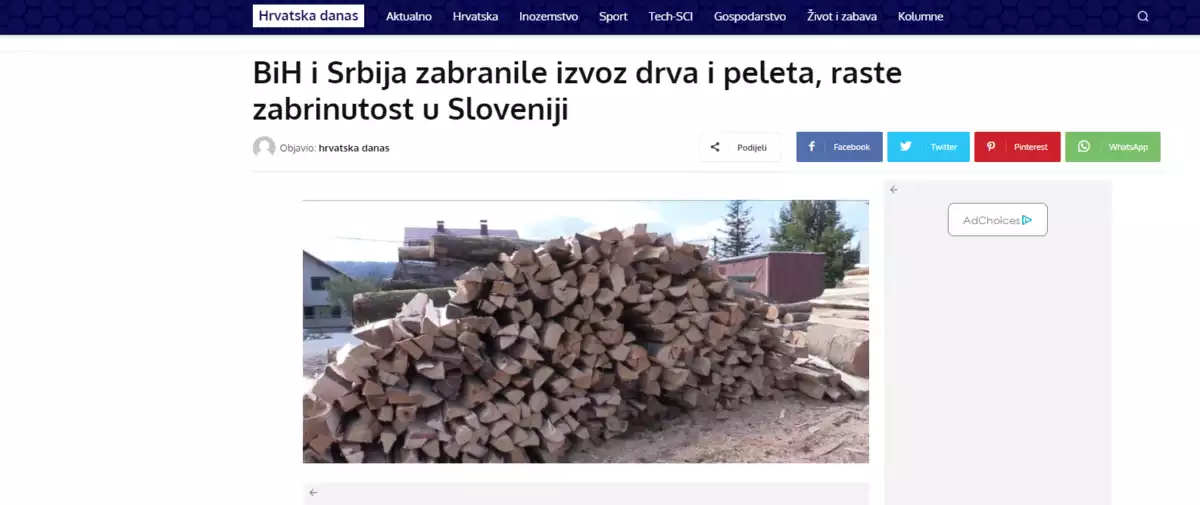 BiH i Srbija zabranile izvoz drva i peleta, raste zabrinutost u Sloveniji